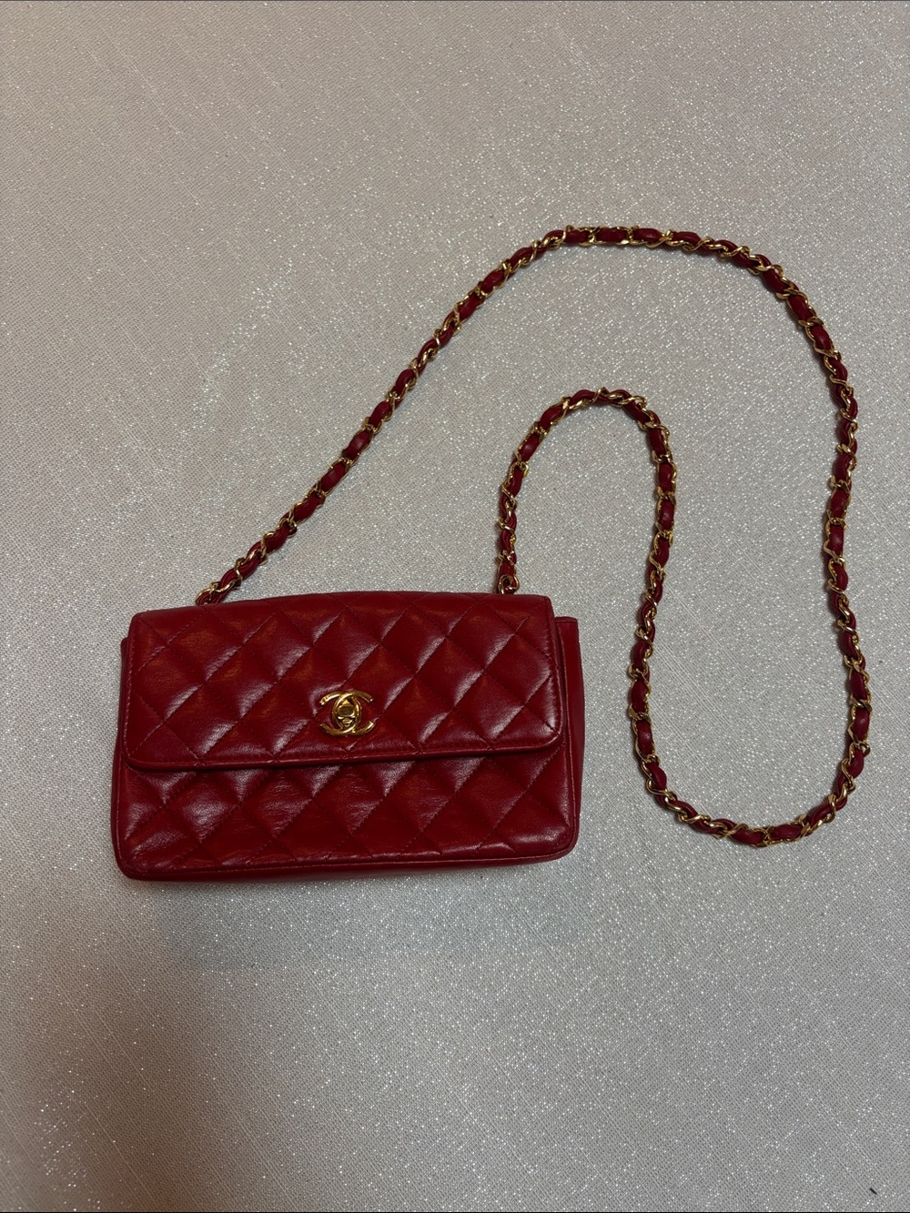 CHANEL Red Quilted Leather Crossbody with Gold Chain